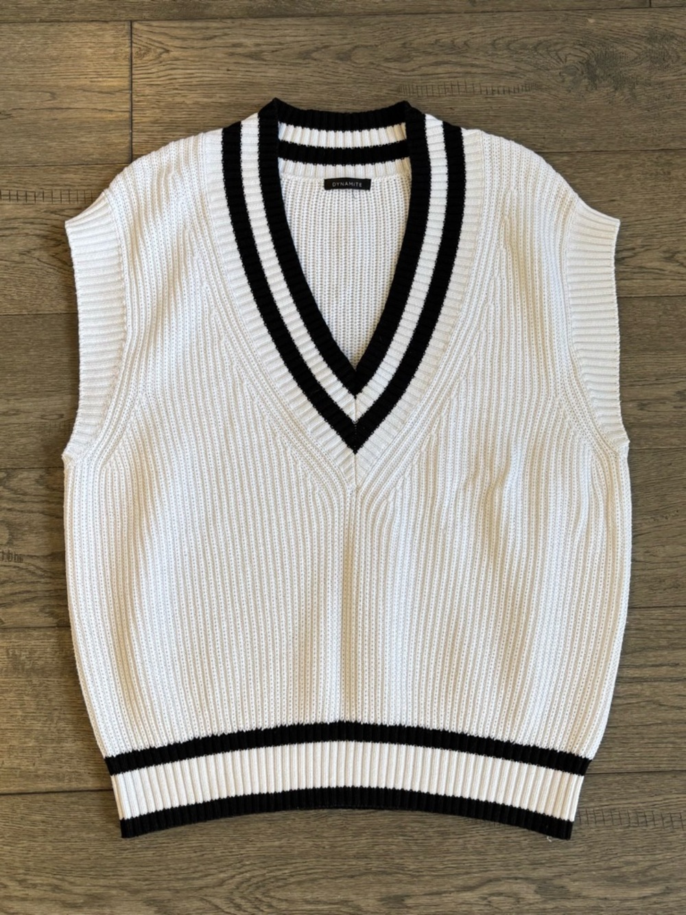 Dynamite White Knit V-Neck Vest with Black Stripe Trim